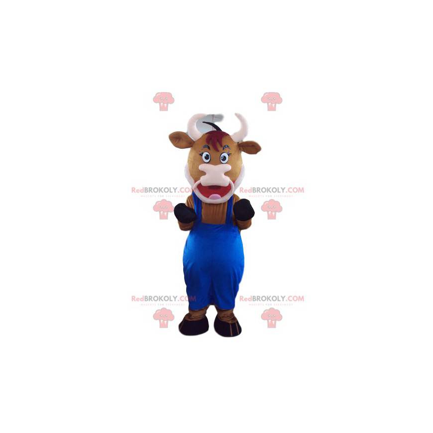 Bruine koe mascotte met blauwe overall - Redbrokoly.com