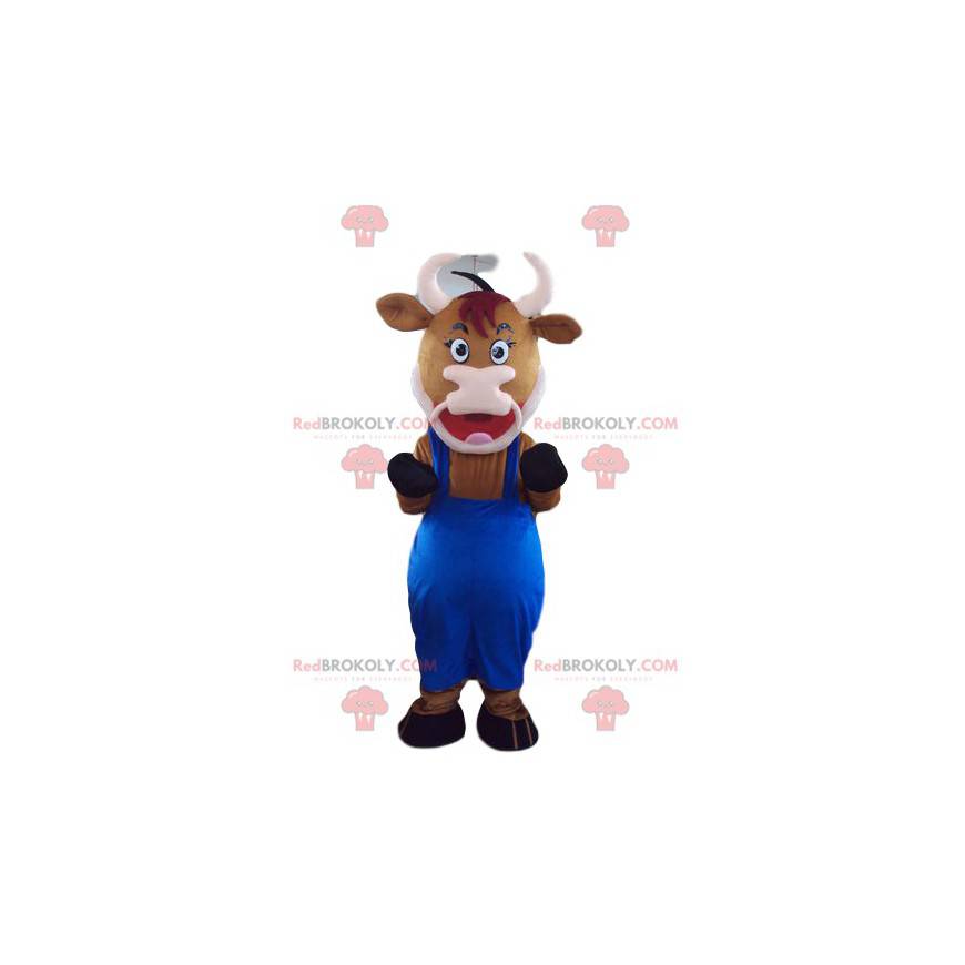 Mascotte de vache marron avec une salopette bleue -