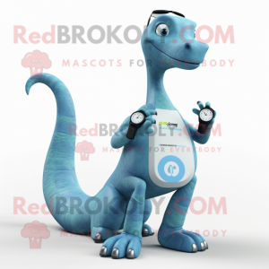 Cyan Brachiosaurus mascot costume character dressed with a Bootcut Jeans and Smartwatches