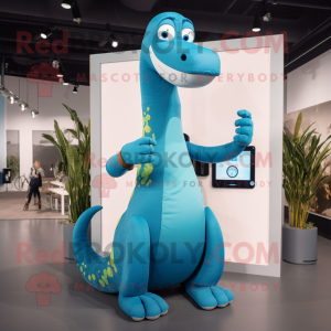 Cyan Brachiosaurus mascot costume character dressed with a Bootcut Jeans and Smartwatches