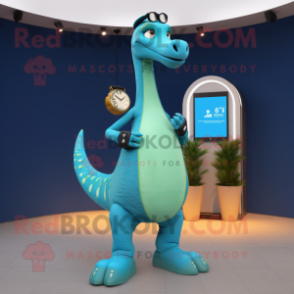 Cyan Brachiosaurus mascot costume character dressed with a Bootcut Jeans and Smartwatches