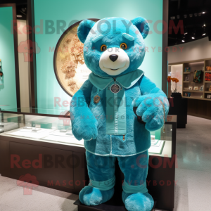 Turquoise Bear mascot costume character dressed with a Jacket and Rings