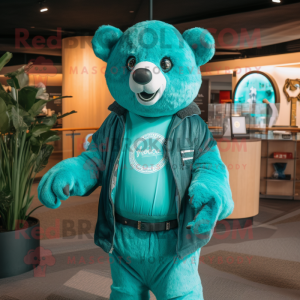 Turquoise Bear mascot costume character dressed with a Jacket and Rings