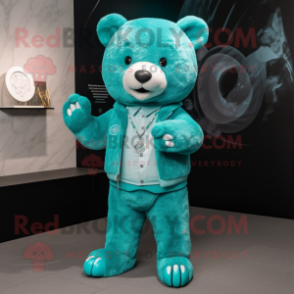 Turquoise Bear mascot costume character dressed with a Jacket and Rings