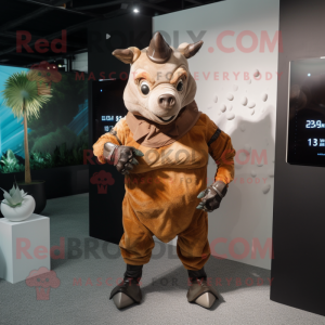 Brown Rhinoceros mascot costume character dressed with a One-Piece Swimsuit and Smartwatches