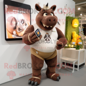 Brown Rhinoceros mascot costume character dressed with a One-Piece Swimsuit and Smartwatches