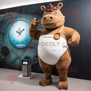 Brown Rhinoceros mascot costume character dressed with a One-Piece Swimsuit and Smartwatches