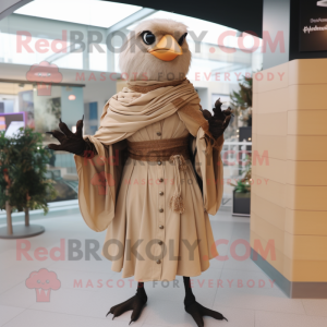 Beige Blackbird mascot costume character dressed with a A-Line Dress and Scarf clips