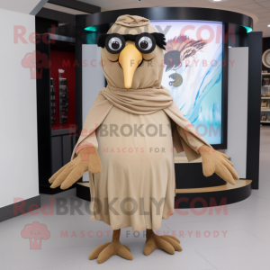 Beige Blackbird mascot costume character dressed with a A-Line Dress and Scarf clips