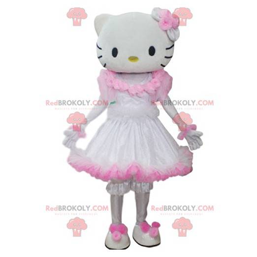 Mascotte Hello Kitty con un vestito bianco e rosa -
