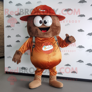 Rust Shakshuka mascot costume character dressed with a Playsuit and Hat pins