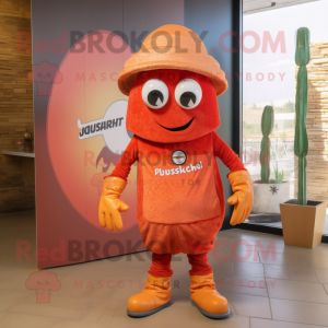 Rust Shakshuka mascot costume character dressed with a Playsuit and Hat pins
