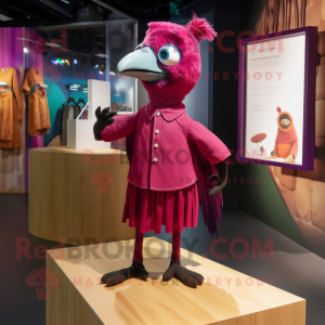 Magenta Woodpecker mascot costume character dressed with a Shift Dress and Brooches