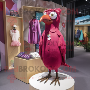 Magenta Woodpecker mascot costume character dressed with a Shift Dress and Brooches