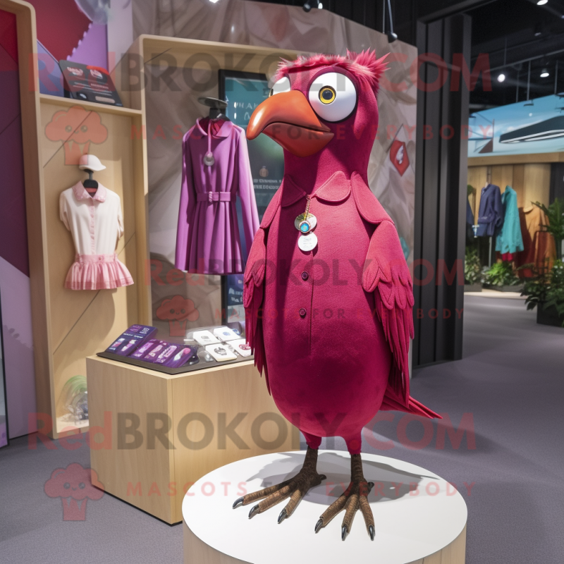 Magenta Woodpecker mascot costume character dressed with a Shift Dress and Brooches