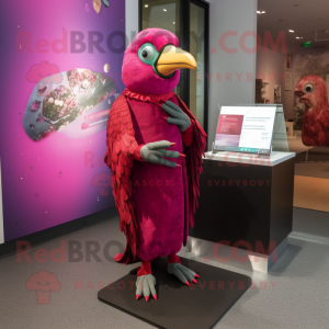 Magenta Woodpecker mascot costume character dressed with a Shift Dress and Brooches