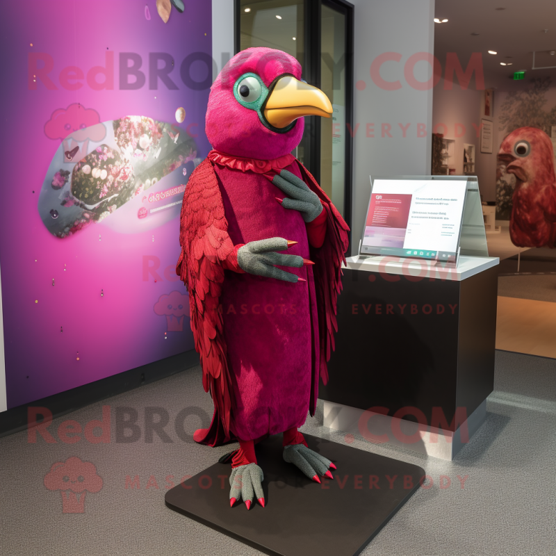 Magenta Woodpecker mascot costume character dressed with a Shift Dress and Brooches