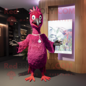 Magenta Woodpecker mascot costume character dressed with a Shift Dress and Brooches