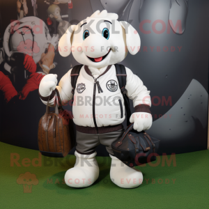 White Rugby Ball mascot costume character dressed with a Bomber Jacket and Handbags