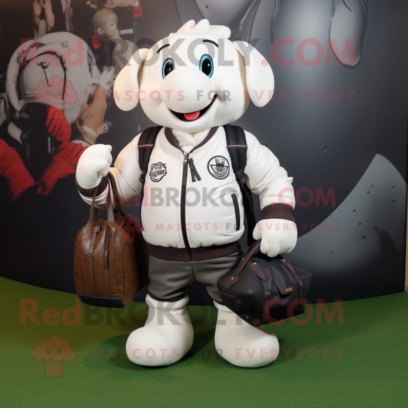White Rugby Ball mascot costume character dressed with a Bomber Jacket and Handbags White Rugby Ball mascot costume character dressed with a Bomber Jacket and Handbags