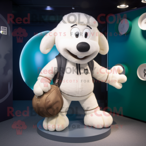 White Rugby Ball mascot costume character dressed with a Bomber Jacket and Handbags