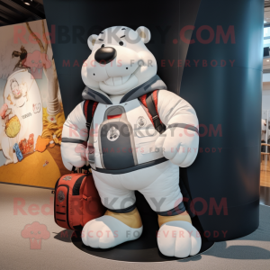 White Rugby Ball mascot costume character dressed with a Bomber Jacket and Handbags