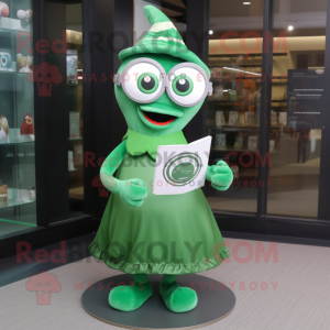 Green Gyro mascot costume character dressed with a Circle Skirt and Reading glasses