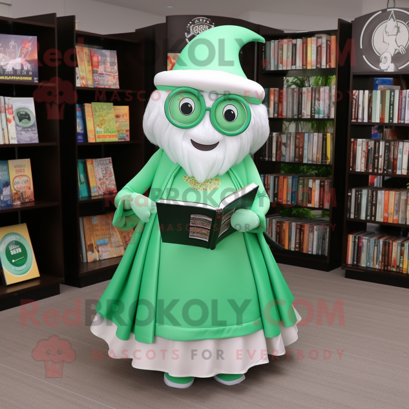 Green Gyro mascot costume character dressed with a Circle Skirt and Reading glasses