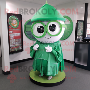 Green Gyro mascot costume character dressed with a Circle Skirt and Reading glasses