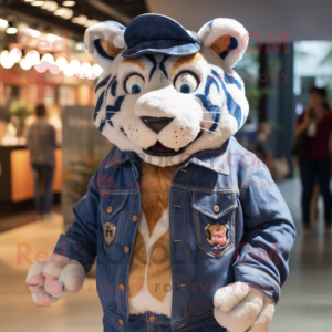 Navy Tiger mascot costume character dressed with a Denim Shirt and Earrings