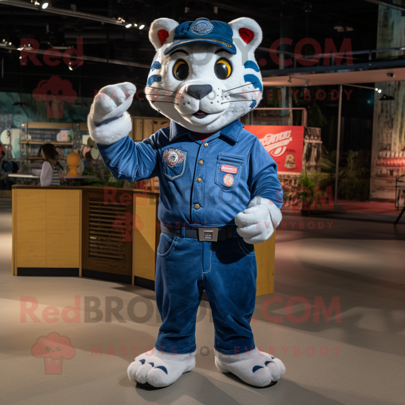 Navy Tiger mascot costume character dressed with a Denim Shirt and Earrings