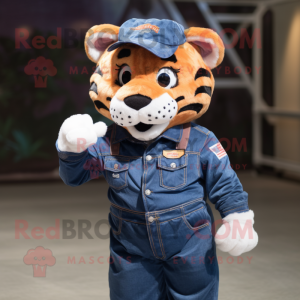 Navy Tiger mascot costume character dressed with a Denim Shirt and Earrings