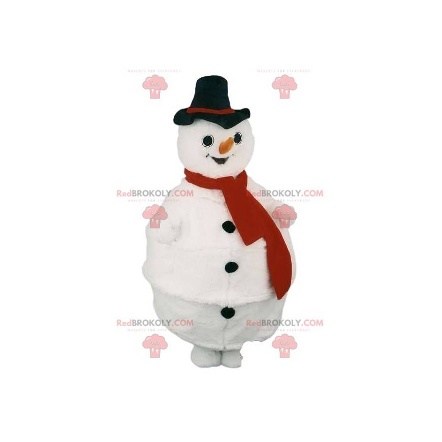 Snowman maskot med et rødt tørklæde og en sort hat -