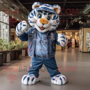 Navy Tiger mascot costume character dressed with a Denim Shirt and Earrings