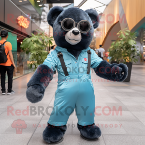 Sky Blue Spectacled Bear mascot costume character dressed with a Jumpsuit and Suspenders