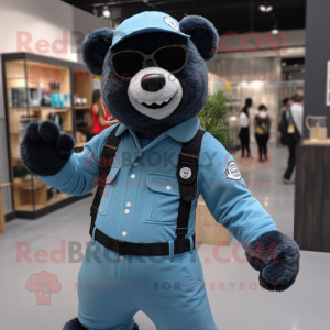 Sky Blue Spectacled Bear mascot costume character dressed with a Jumpsuit and Suspenders