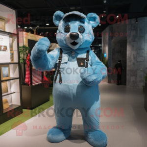 Sky Blue Spectacled Bear mascot costume character dressed with a Jumpsuit and Suspenders