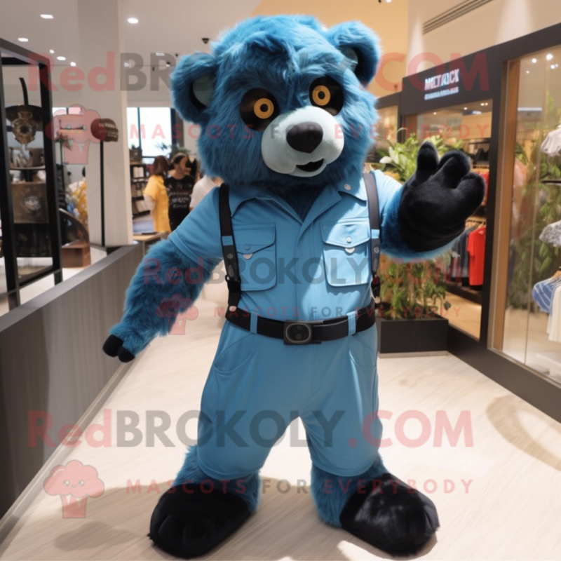 Sky Blue Spectacled Bear mascot costume character dressed with a Jumpsuit and Suspenders