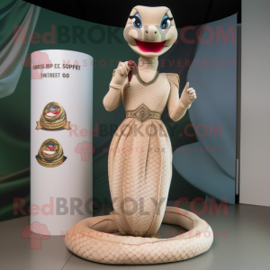 Beige Python mascot costume character dressed with a Empire Waist Dress and Watches