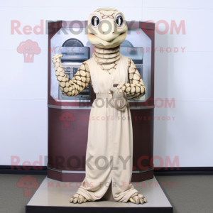 Beige Python mascot costume character dressed with a Empire Waist Dress and Watches