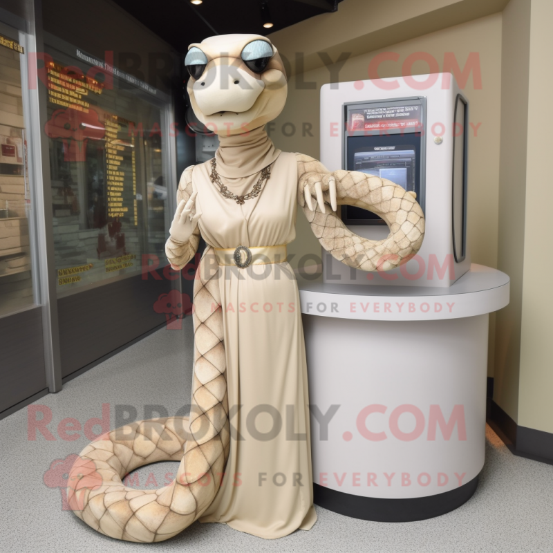 Beige Python mascot costume character dressed with a Empire Waist Dress and Watches