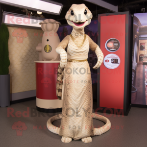 Beige Python mascot costume character dressed with a Empire Waist Dress and Watches