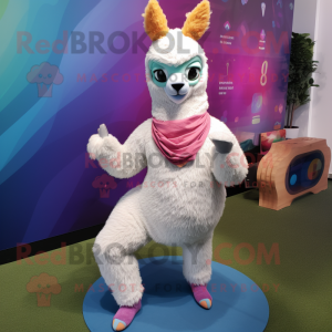 nan Llama mascot costume character dressed with a Yoga Pants and Mittens