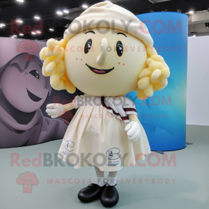 Cream Rugby Ball mascot costume character dressed with a Midi Dress and Scarf clips