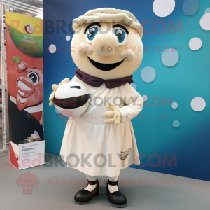 Cream Rugby Ball mascot costume character dressed with a Midi Dress and Scarf clips