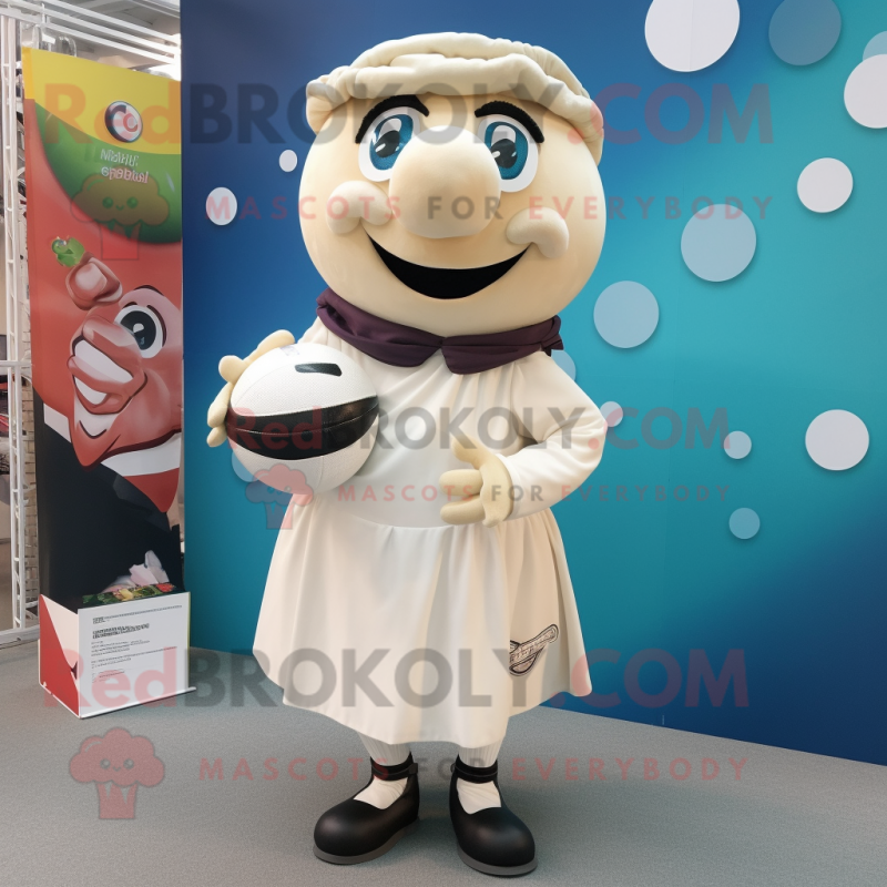 Cream Rugby Ball mascot costume character dressed with a Midi Dress and Scarf clips Cream Rugby Ball mascot costume character dressed with a Midi Dress and Scarf clips