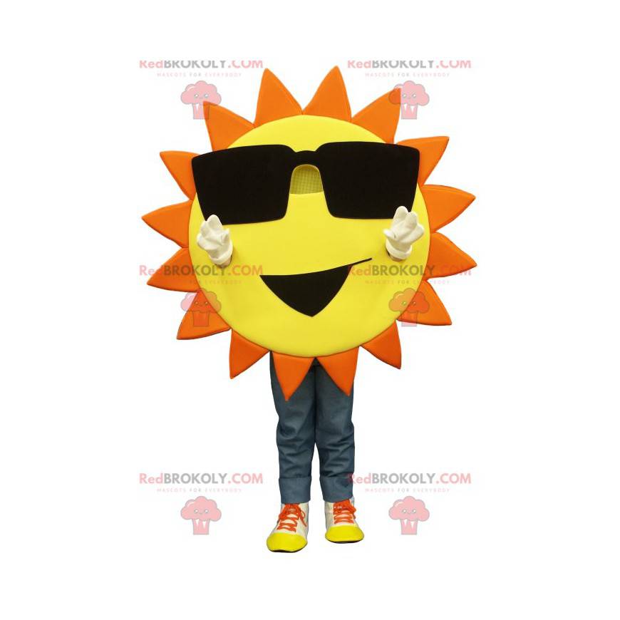 Mascotte sole giallo e arancione con occhiali da sole -