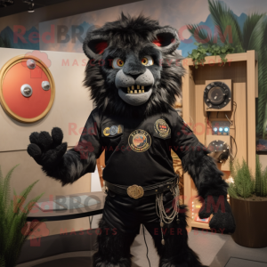 Black Tamer Lion mascot costume character dressed with a Bootcut Jeans and Bracelets