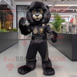 Black Tamer Lion mascot costume character dressed with a Bootcut Jeans and Bracelets