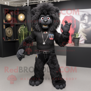 Black Tamer Lion mascot costume character dressed with a Bootcut Jeans and Bracelets